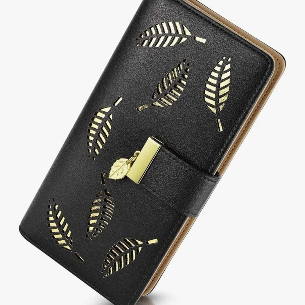 Black Long Wallet Golden Leaves Elegant Clutch NWT